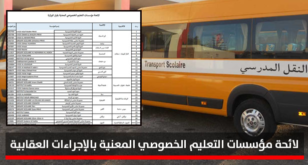 بسبب النقط غير المستحقة للتلاميذ.. وزارة حصاد تنشر لائحة مؤسسات التعليم الخصوصي المعنية بالإجراءات العقابية بسبب النقط غير المستحقة للتلاميذ.. وزارة حصاد تنشر لائحة مؤسسات التعليم الخصوصي المعنية بالإجراءات العقابية
